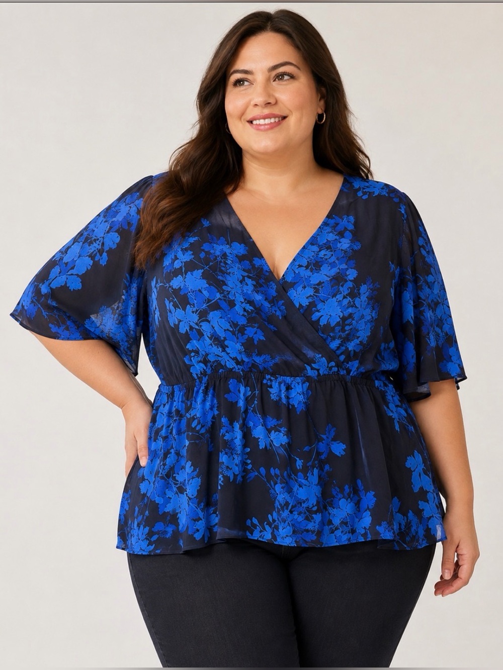 Worthington Woman 2X Blue Floral Surplice Peplum Blouse Plus Size